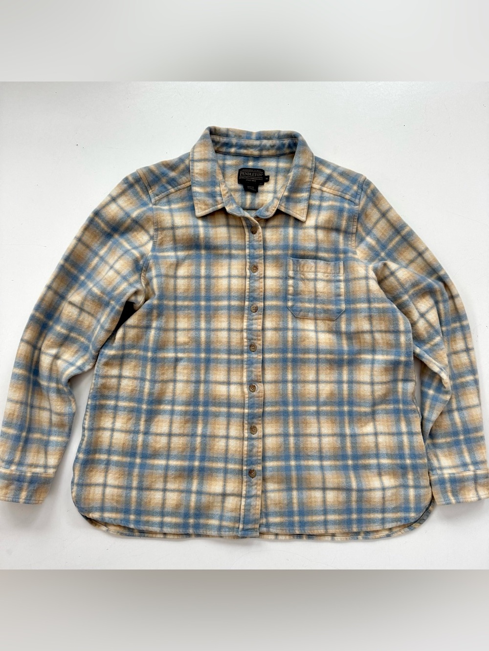 Vintage Pendleton Virgin-Wool Tartan Flannel Shirt YXL Pearl Snap Blue Yellow